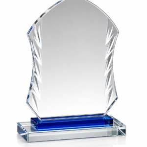 Crystal Glass Trophy  Faceted Shield Blue Base (10 inch, 8.5 inch)